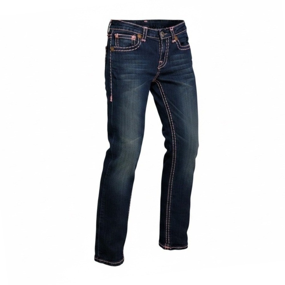 True Religion Womens Pink Super T Stitch Straight Leg Jeans Dark Wash Made USA